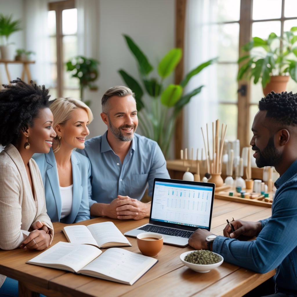 Three adults sitting around a table with notebooks, brochures, and a laptop discussing holistic wellness certifications in a bright room with plants and therapy tools.