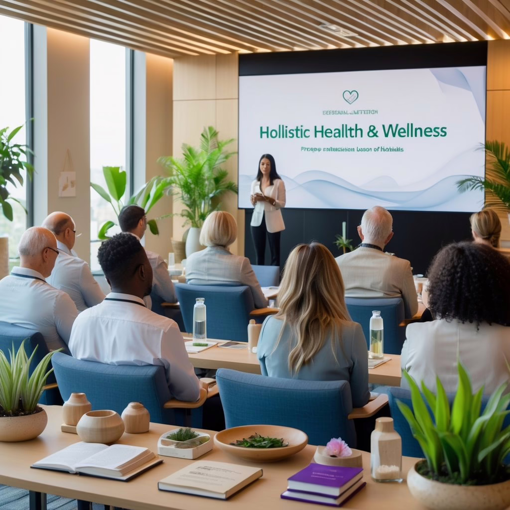 A group of holistic practitioners attentively listening to a speaker in a bright conference room with plants and wellness items on a table.