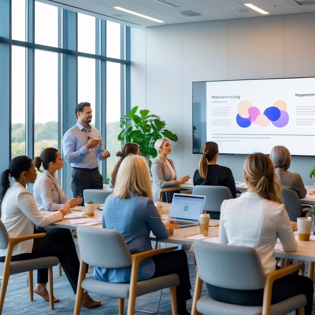 A group of holistic practitioners attending a workshop in a bright conference room, listening and engaging in discussions.