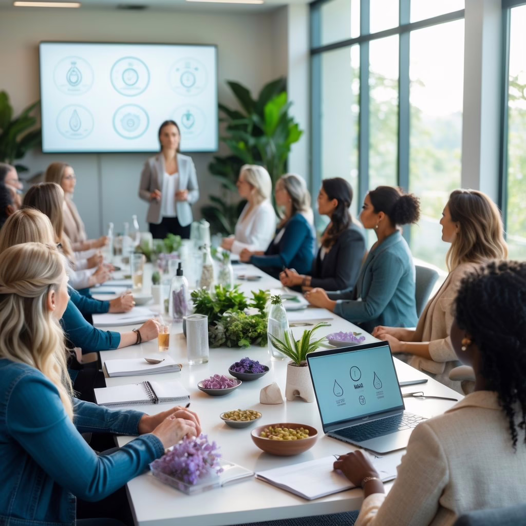 A group of holistic practitioners attending a workshop in a bright conference room, listening to a speaker and taking notes.