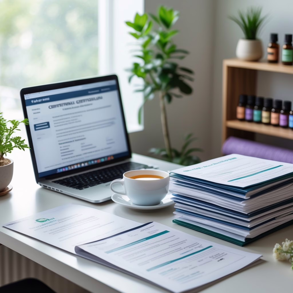 A tidy workspace with a laptop, certification documents, a cup of tea, and a small plant, with yoga and wellness items in the background.