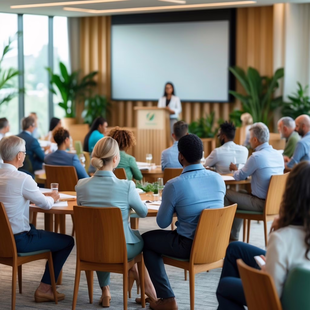 A group of holistic health practitioners attending a conference, listening and engaging in a bright, natural-light filled room with plants and wooden furniture.