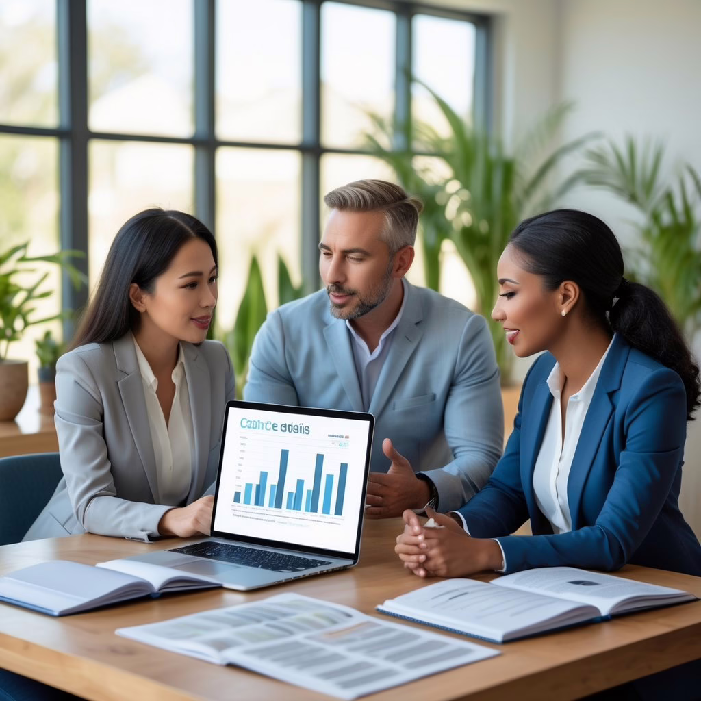 Three professionals discussing certification documents around a table in a bright office with plants.