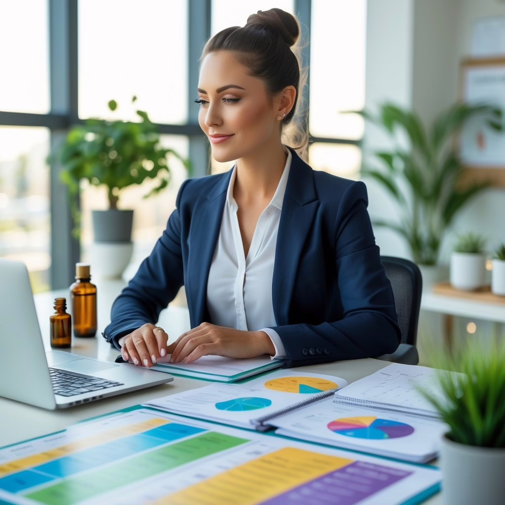 A holistic practitioner working at a desk with a laptop and charts in a bright office surrounded by plants and calming decor.
