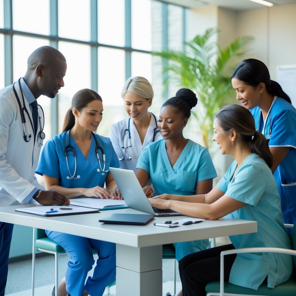 Healthcare professionals discussing patient care while a patient receives holistic therapy in a bright, welcoming medical setting.