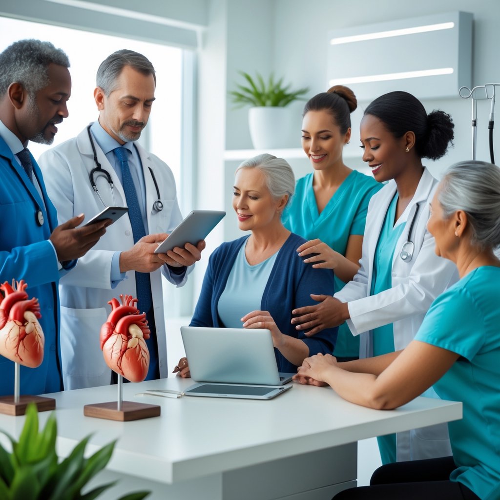 Healthcare professionals and patients discussing integrative approaches to heart health in a modern medical office.