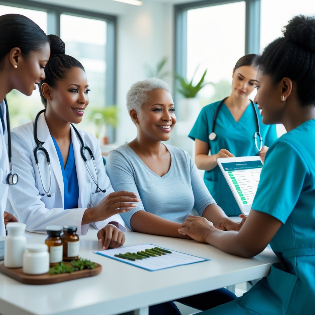 Healthcare professionals and a patient discussing integrative health treatments in a modern medical office.