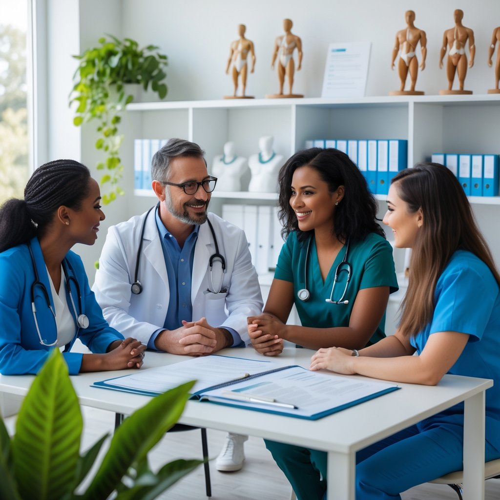 A diverse group of healthcare professionals discussing around a table with medical charts and a laptop in a bright office.