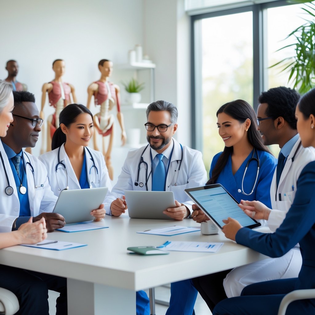 A group of healthcare professionals in a modern clinic collaborating around a table with medical charts and digital devices.