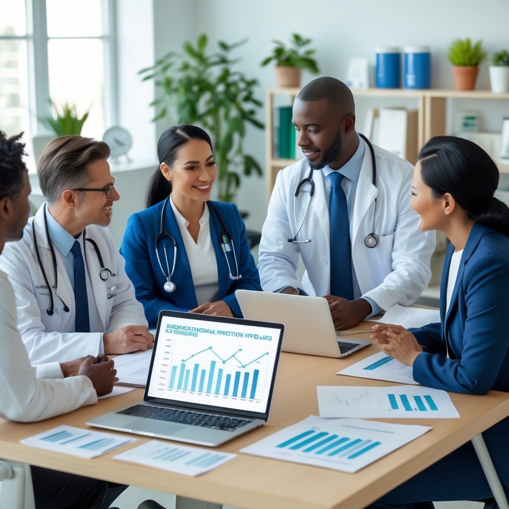 A group of healthcare professionals and a financial advisor discussing documents and charts around a conference table in a modern office.