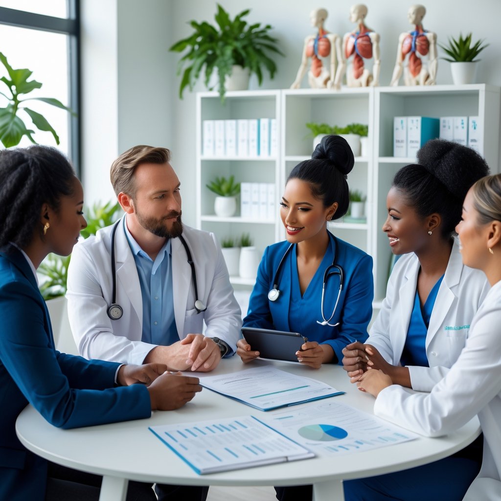 A group of health practitioners in a bright clinic office discussing documents and medical charts around a table.