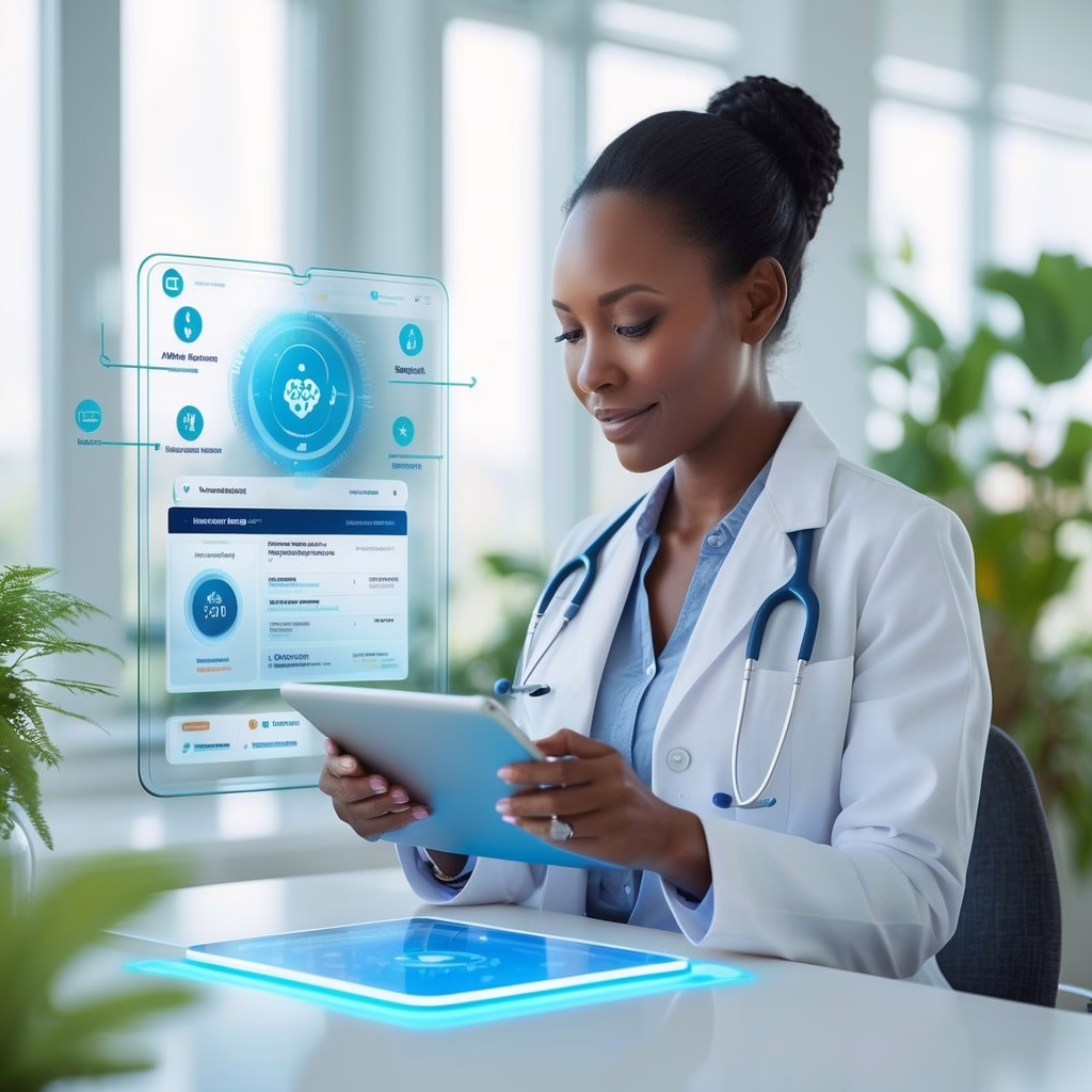 A holistic health practitioner using advanced digital technology in a bright clinic with plants and natural light.