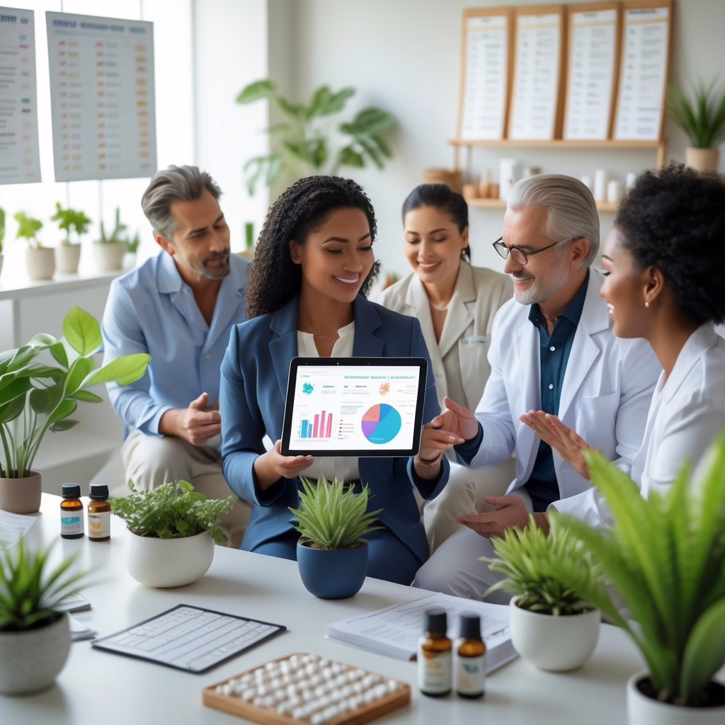 A group of holistic health practitioners discussing personalized wellness plans in a bright, natural clinic setting with plants and wellness items.