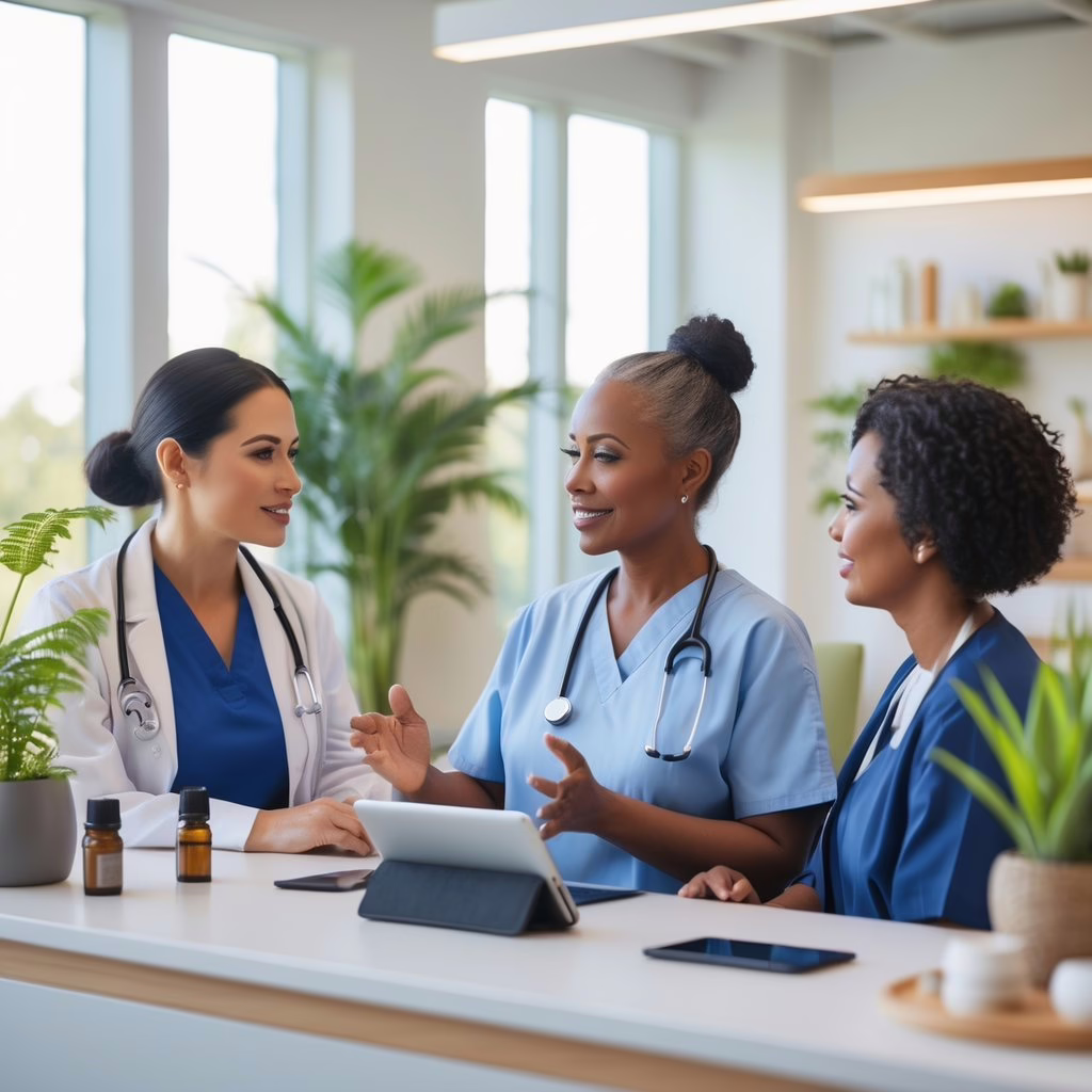A holistic health practitioner consulting with a patient in a bright, modern clinic with plants and digital health tools visible.