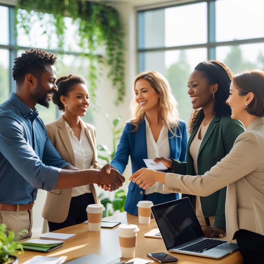 A group of diverse professionals talking and shaking hands in a bright conference room with plants and natural light.
