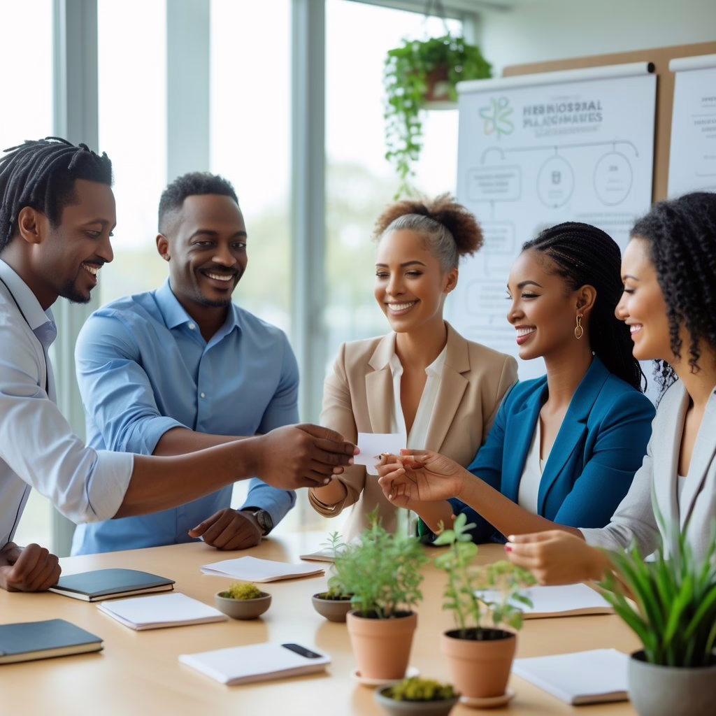 A group of holistic practitioners talking and exchanging business cards in a bright conference room with plants and notebooks on the table.