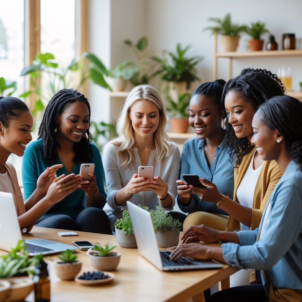 A group of holistic practitioners using smartphones and laptops together in a bright, plant-filled workspace, engaging and smiling.