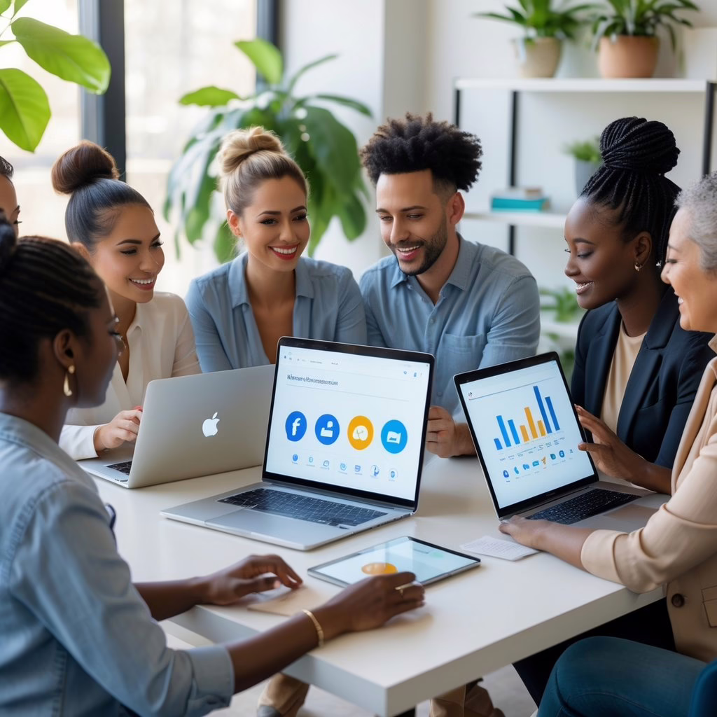 A diverse group of holistic practitioners collaborating around a table with digital devices showing social media icons and graphs.