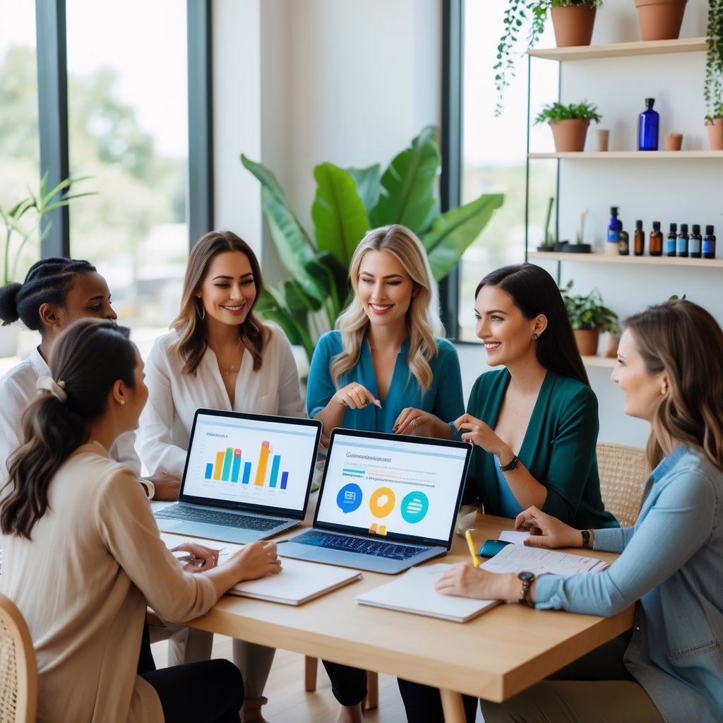 A group of holistic practitioners collaborating around a table with laptops and tablets in a bright, plant-filled workspace.