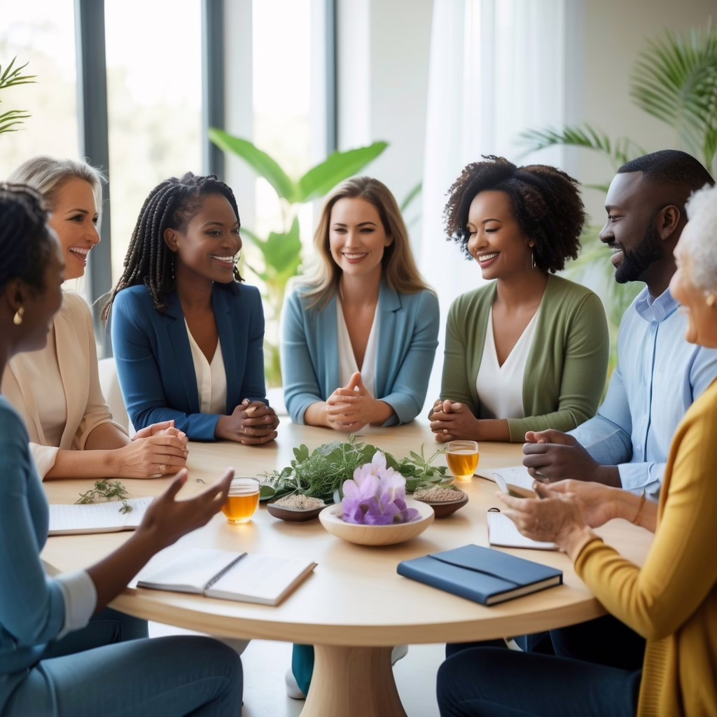 A diverse group of holistic healing practitioners sitting around a table, engaged in a supportive and friendly discussion in a bright wellness center.