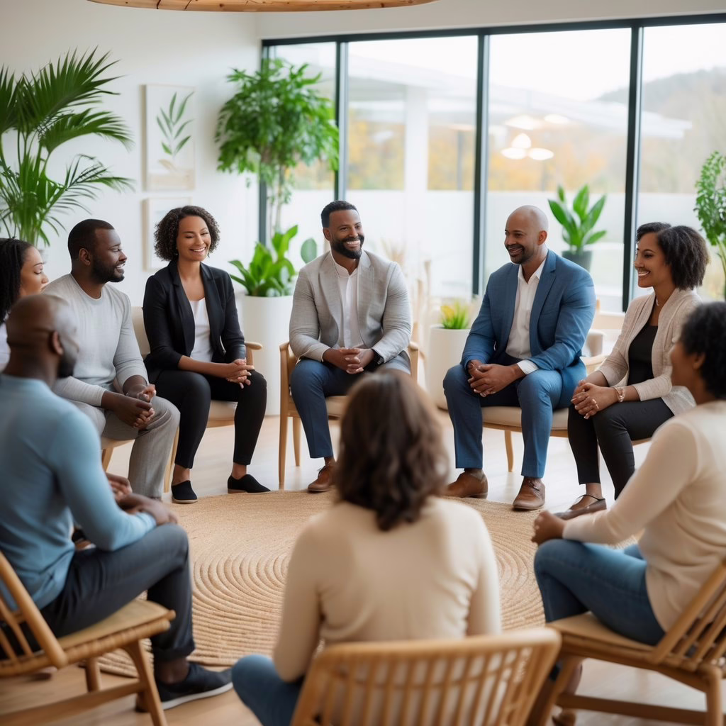 A diverse group of adults sitting in a circle in a bright wellness center, engaged in a supportive group discussion.
