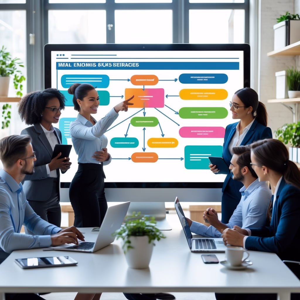 A group of professionals collaborating around a digital screen displaying email sequence diagrams in a modern office.