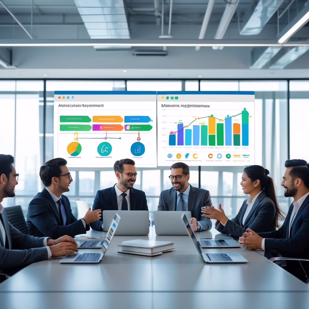 A group of business professionals working together in a modern office with laptops and tablets showing email marketing dashboards.