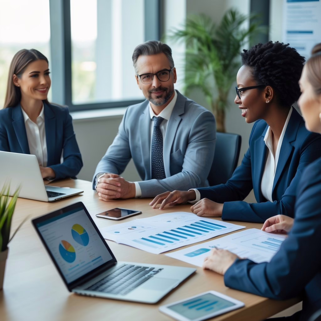 A diverse group of professionals discussing legal compliance and ethical email practices around a conference table with laptops and documents in a bright office.