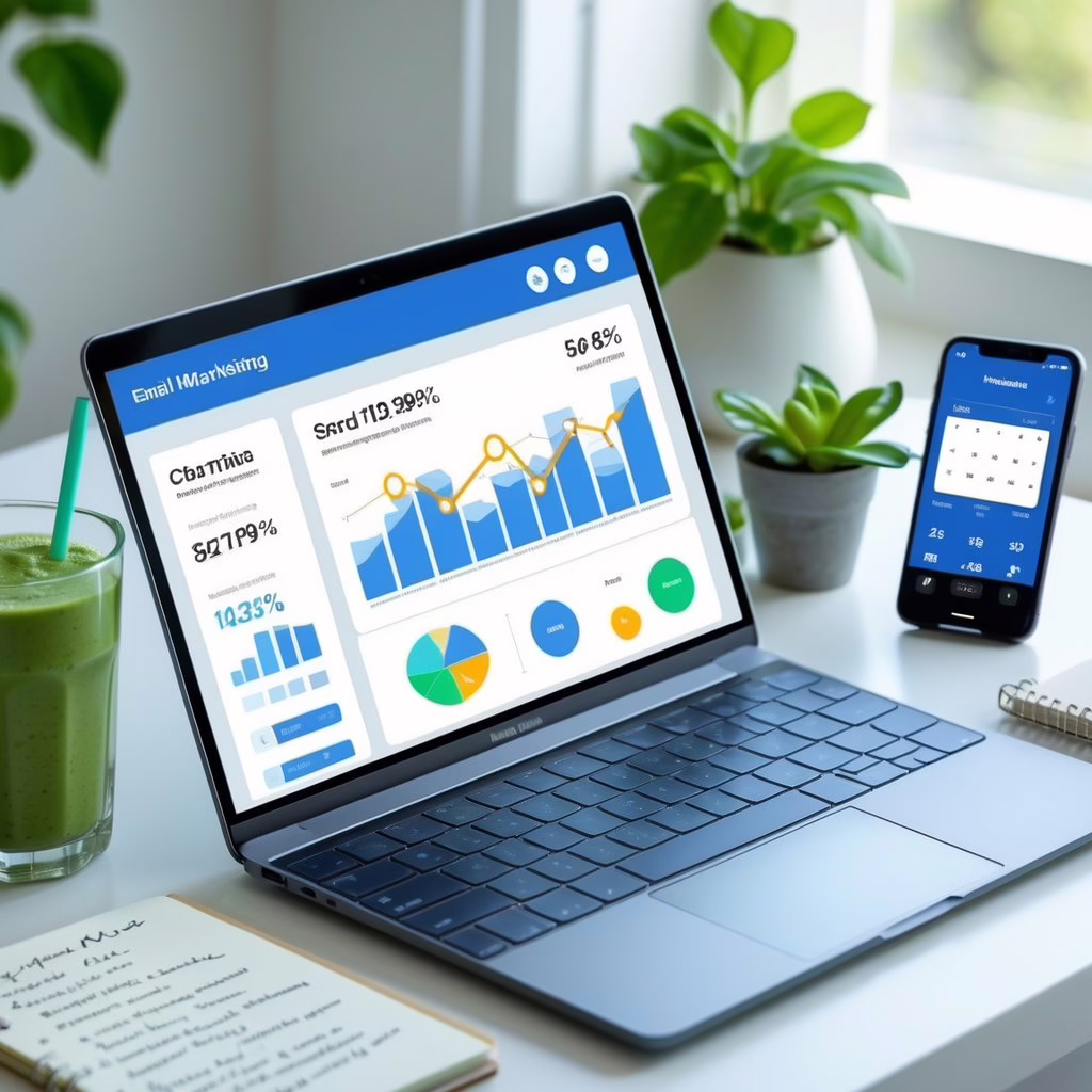 A workspace with a laptop showing email marketing data, a green smoothie, a potted plant, a notebook, and a smartphone with a calendar app.