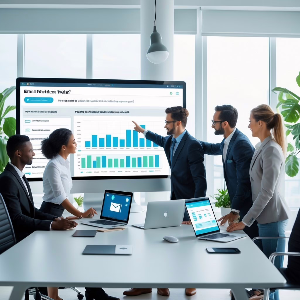 A group of professionals working together around a table with digital devices showing email and analytics charts in a bright office with plants.