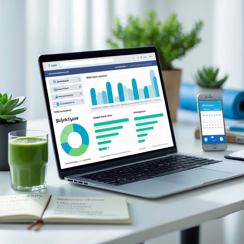 A workspace with a laptop, green smoothie, plant, notebook, and smartphone, suggesting planning and optimization of wellness newsletters.