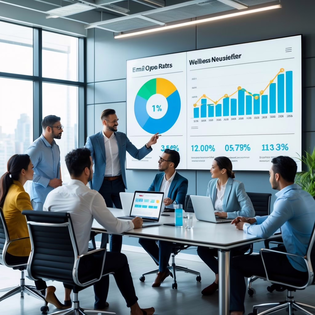 A group of professionals in a bright office discussing email marketing data displayed on laptops and a large screen, with wellness items like a plant and water bottle nearby.