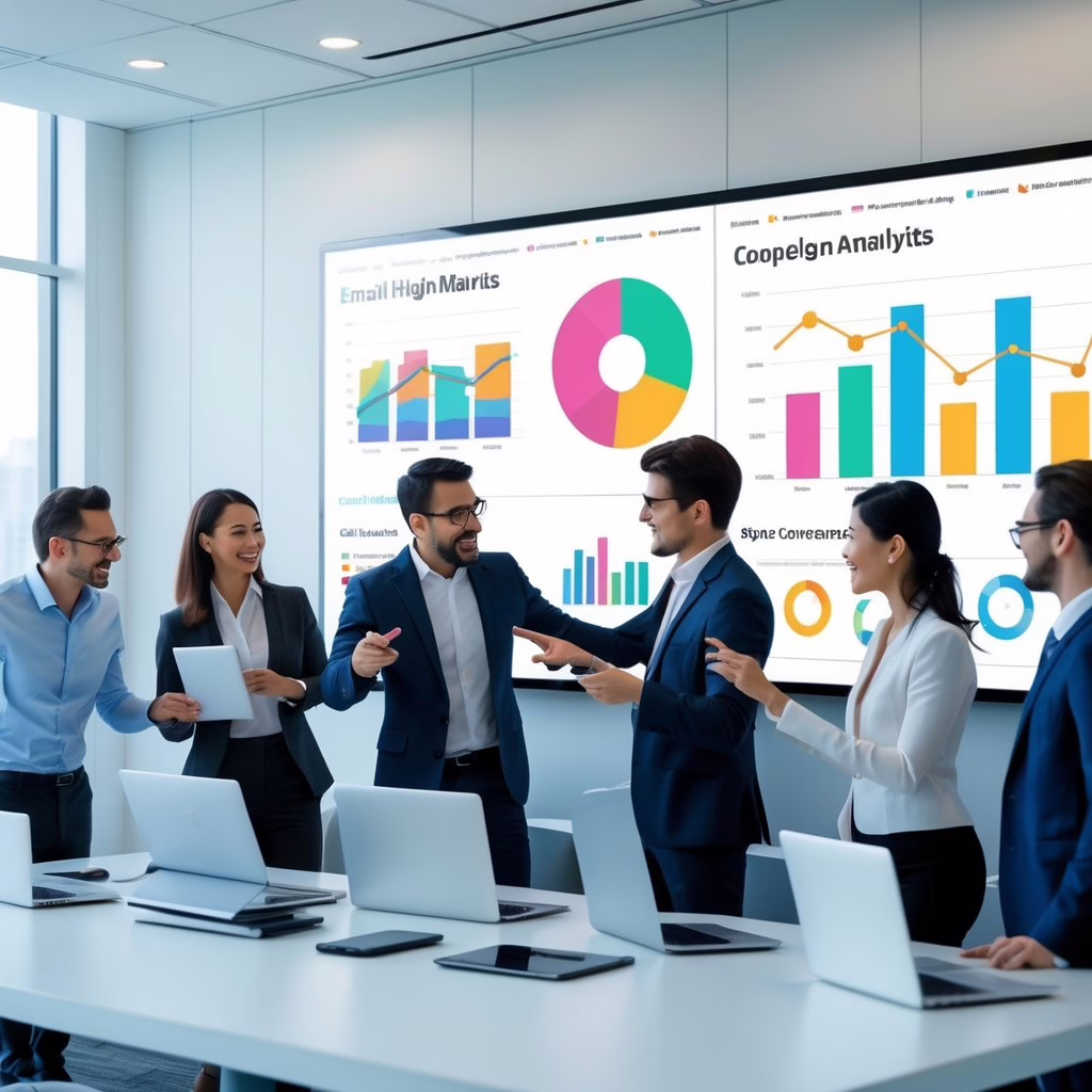 Business professionals collaborating around a table reviewing digital charts and graphs on devices and a large screen showing email marketing metrics.