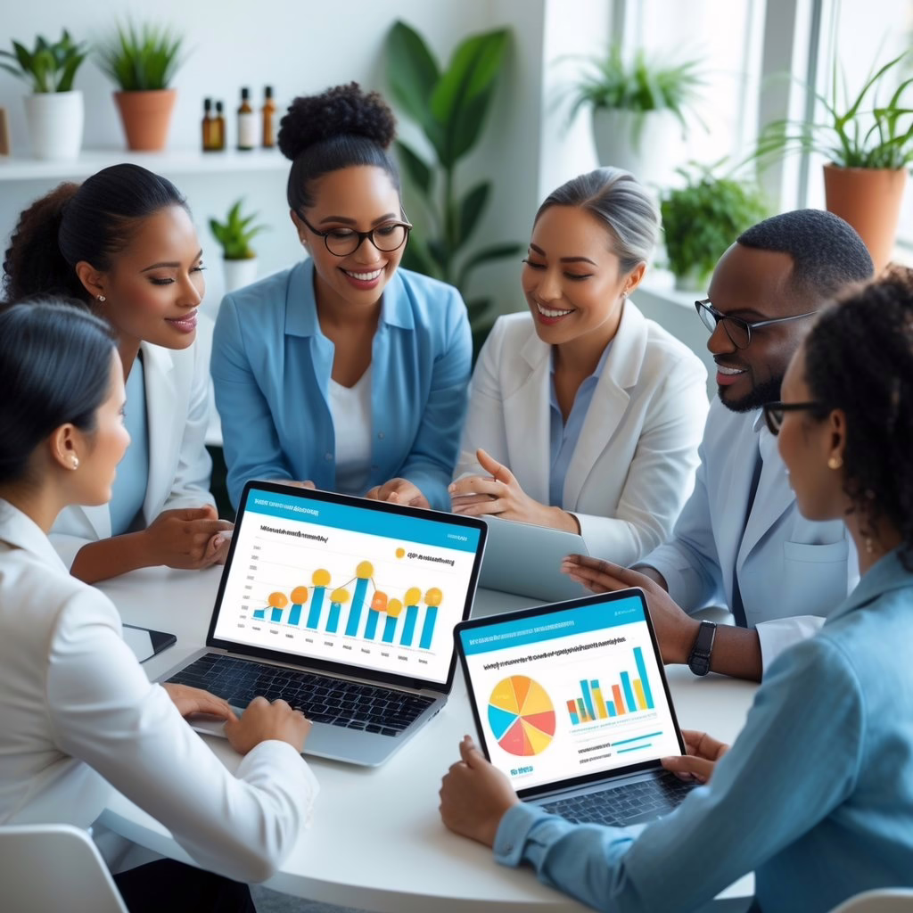 A group of holistic health practitioners reviewing email campaign analytics on digital devices around a table in a bright office.