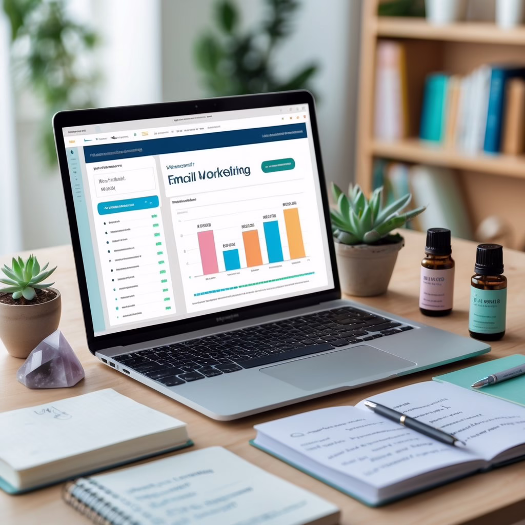 A bright workspace with a laptop showing an email marketing dashboard, surrounded by plants, crystals, essential oils, and a notebook with handwritten notes.