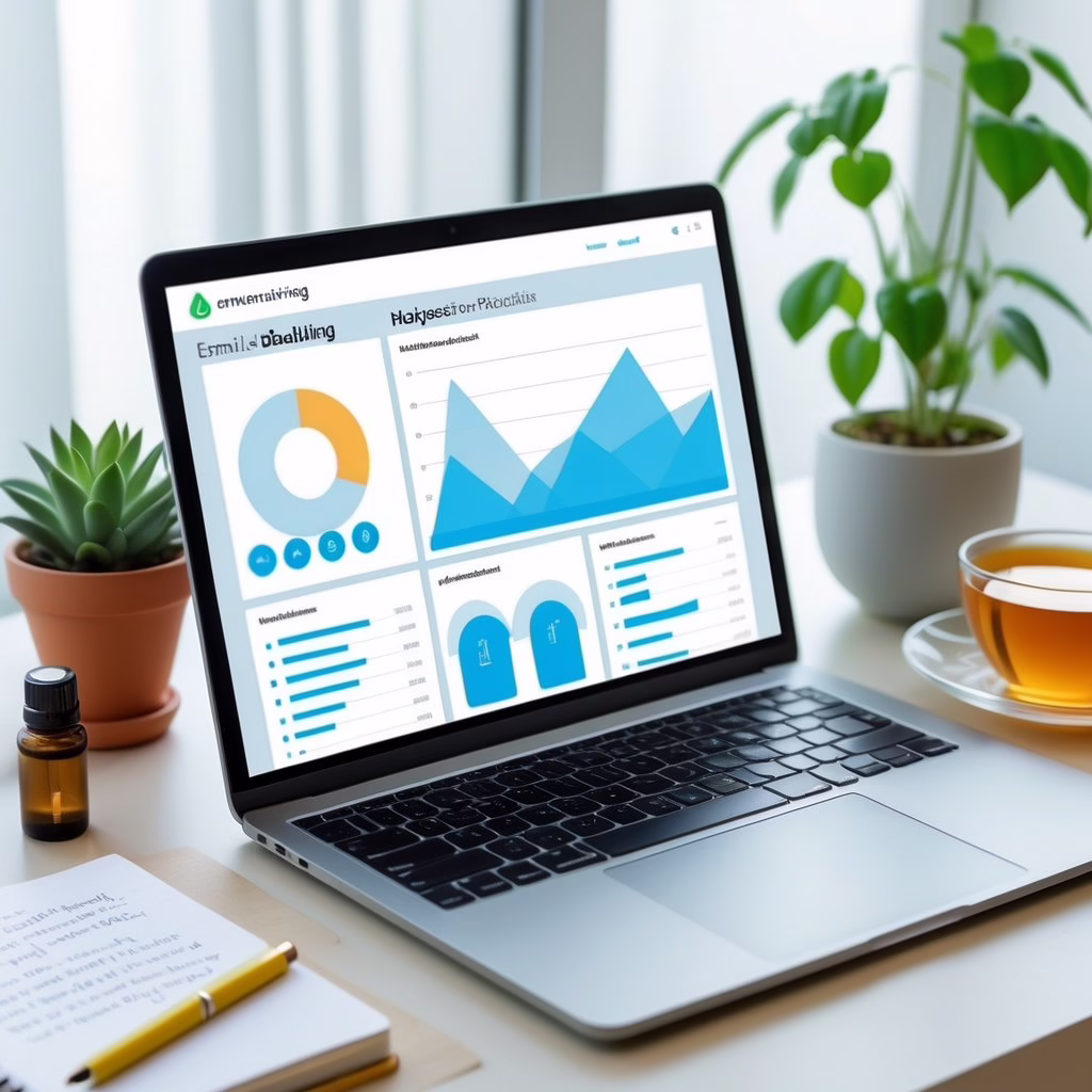 A modern workspace with a laptop showing email marketing data, surrounded by a plant, essential oils, a notebook, and a cup of tea.