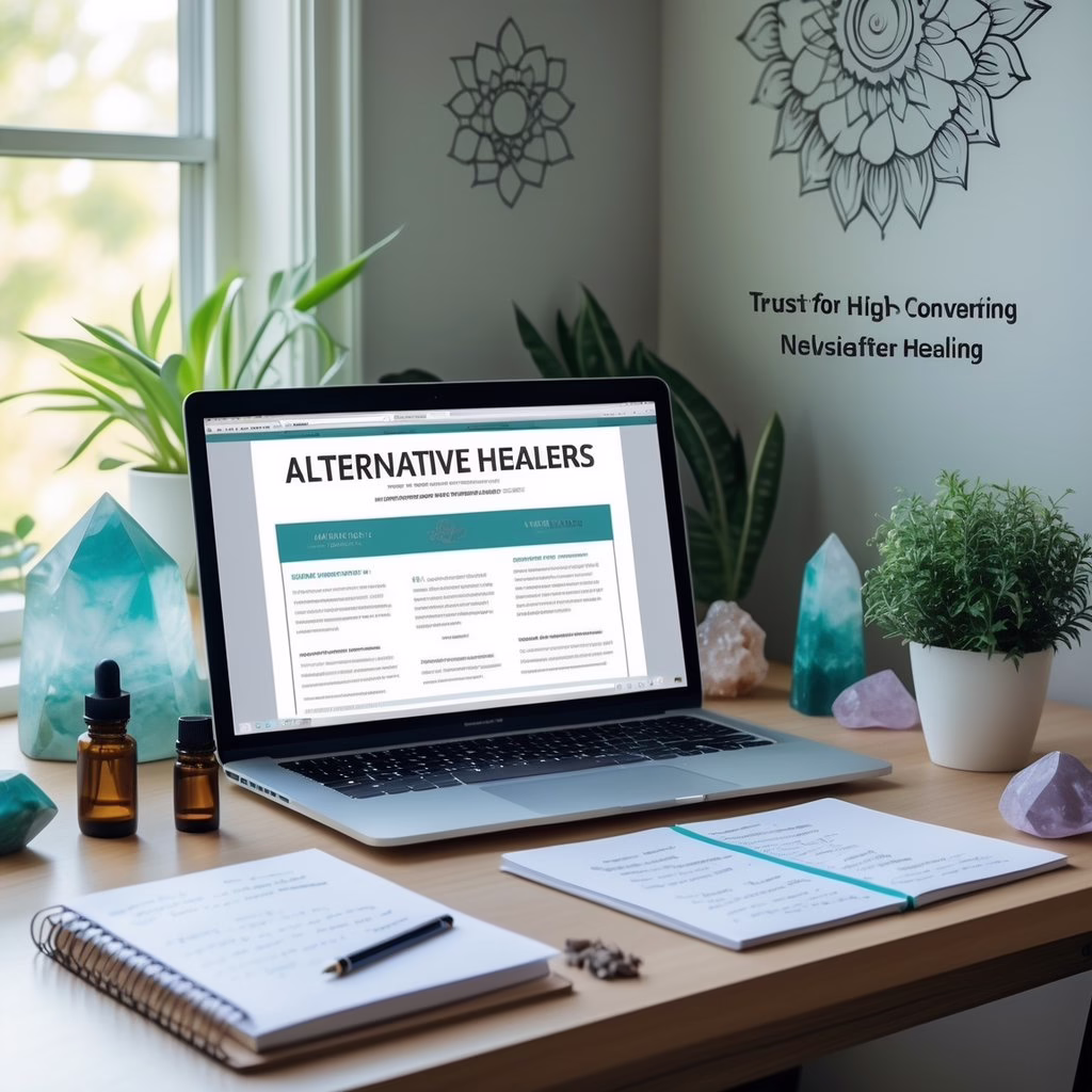 A calm workspace with a laptop, crystals, essential oils, a plant, and a notebook, set near a window with soft natural light.