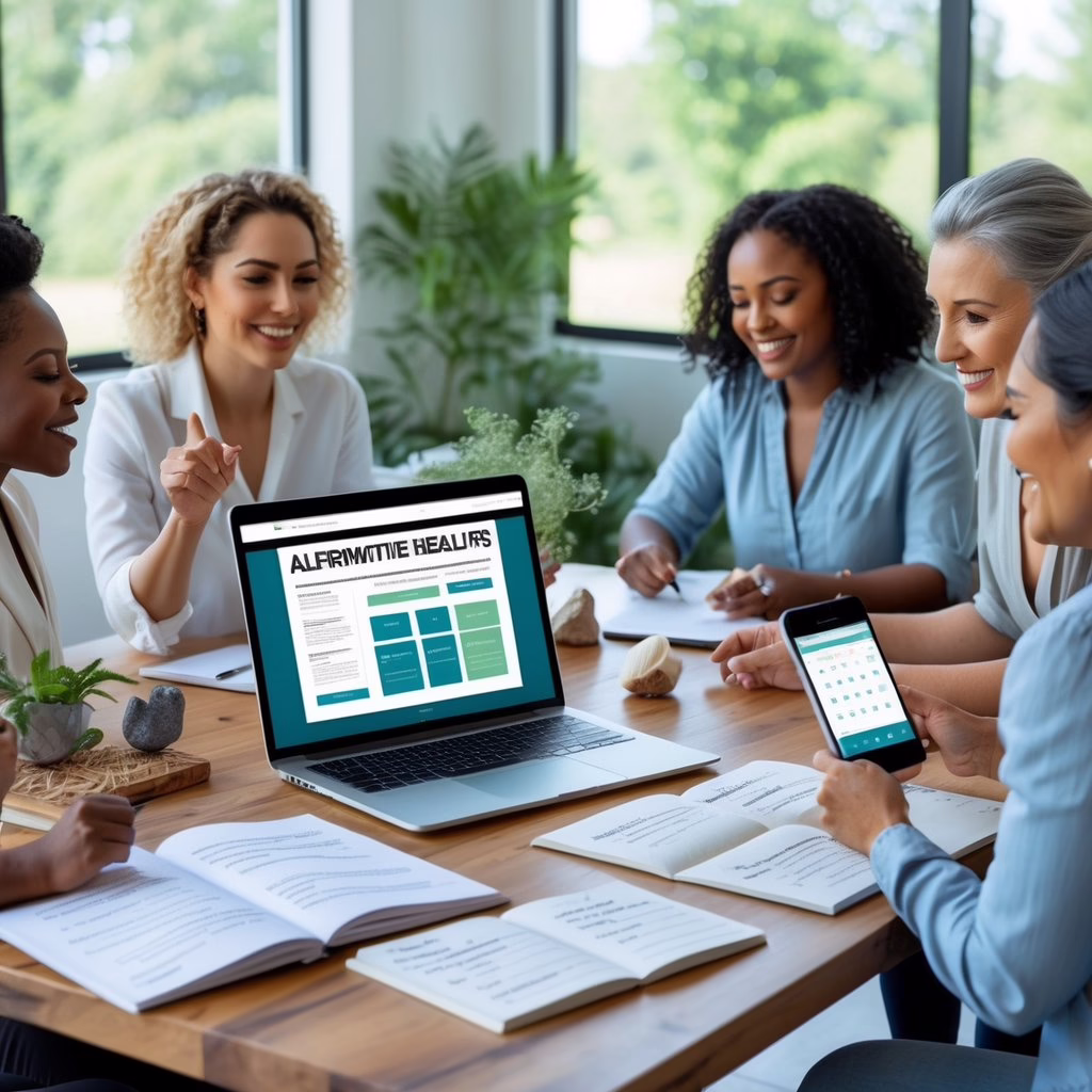 A group of alternative healers working together around a table with a laptop, notebooks, and a smartphone, planning newsletter schedules in a bright room with plants.