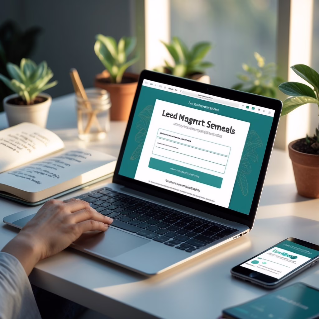 A workspace with a laptop showing a landing page, a tablet with an eBook, a smartphone with an email notification, and small plants in the background.