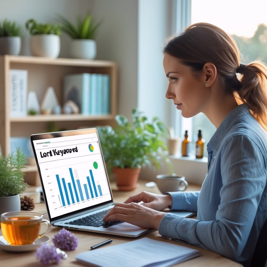 A holistic therapist working on a laptop in a bright office surrounded by plants and wellness items.