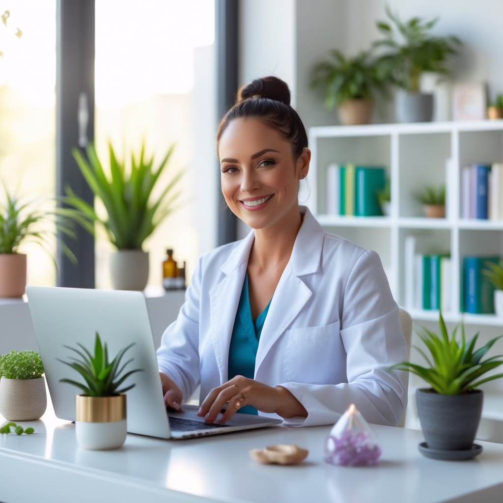 A holistic practitioner in a bright wellness office reviewing photos and videos on a laptop at her desk surrounded by calming decor.