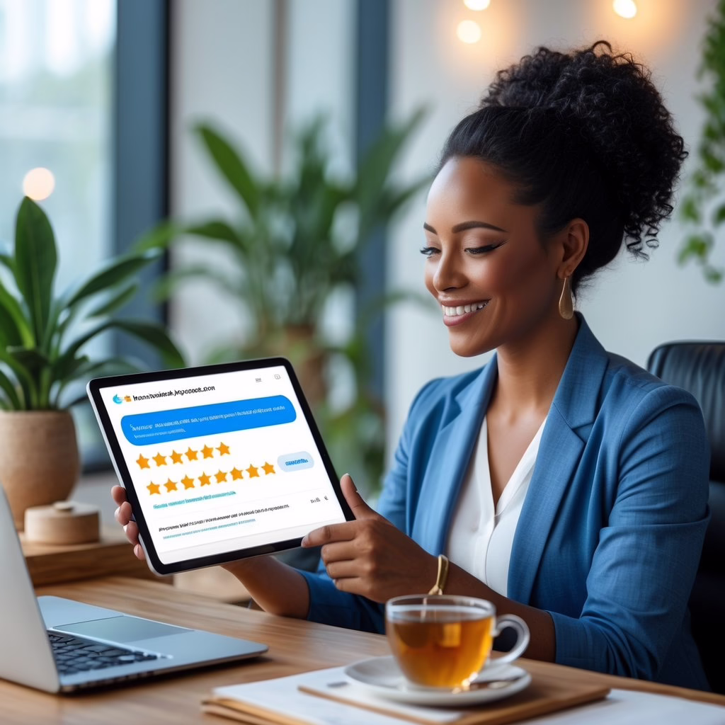 A holistic practitioner in an office reviewing customer feedback on a digital tablet surrounded by plants and business items.