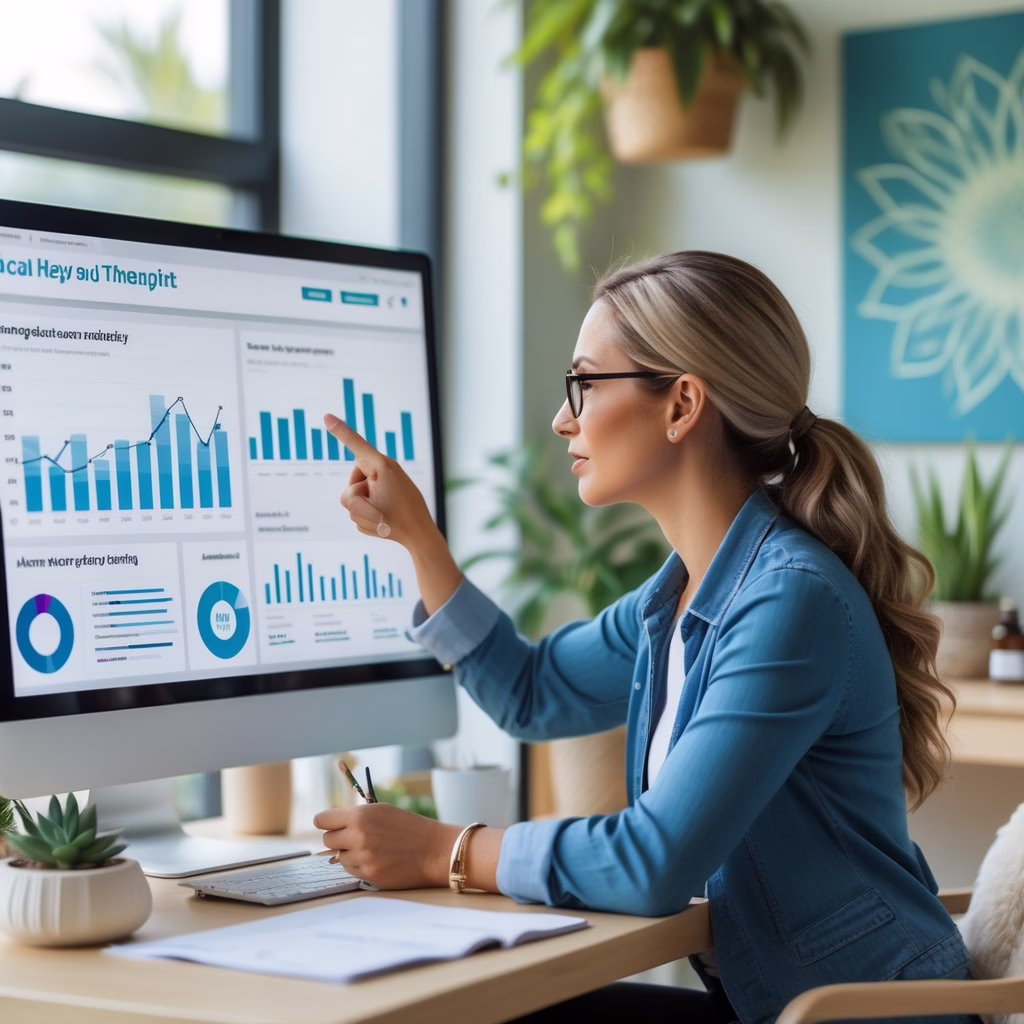 A holistic therapist in a bright office analyzing keyword research data on a computer screen surrounded by plants and wellness decor.
