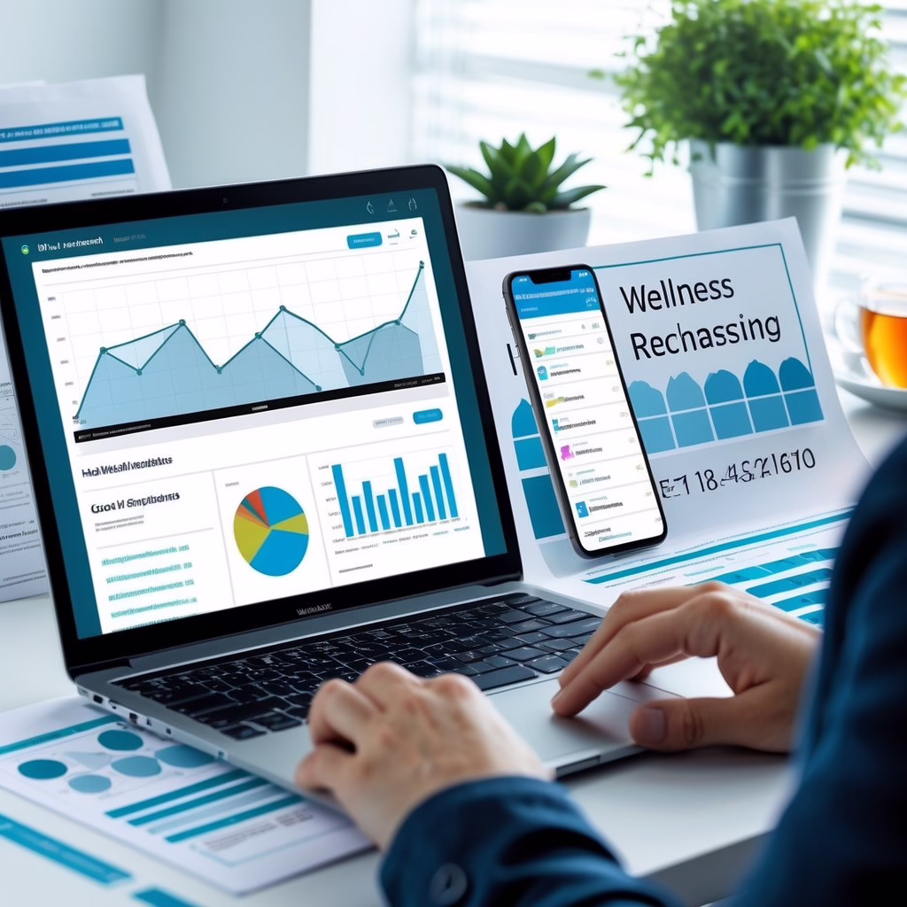 A modern workspace with a laptop showing website analytics, a smartphone with local business listings, and documents illustrating SEO strategies, set in a bright office with a plant and a cup of tea.