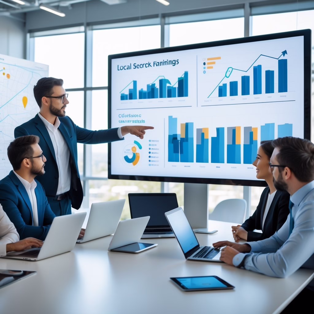 A group of business professionals discussing data and charts on a digital screen in a modern office.