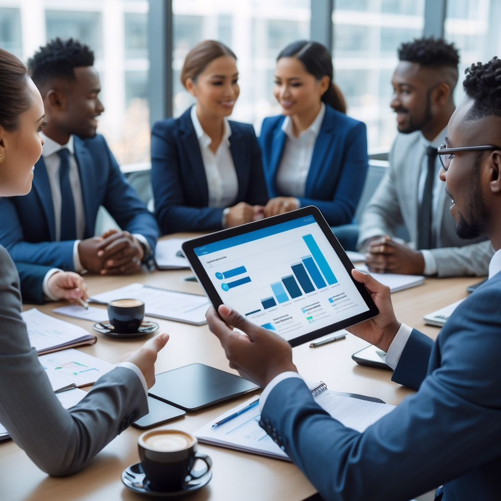A group of business professionals in a meeting room discussing data on a tablet and laptop around a conference table.