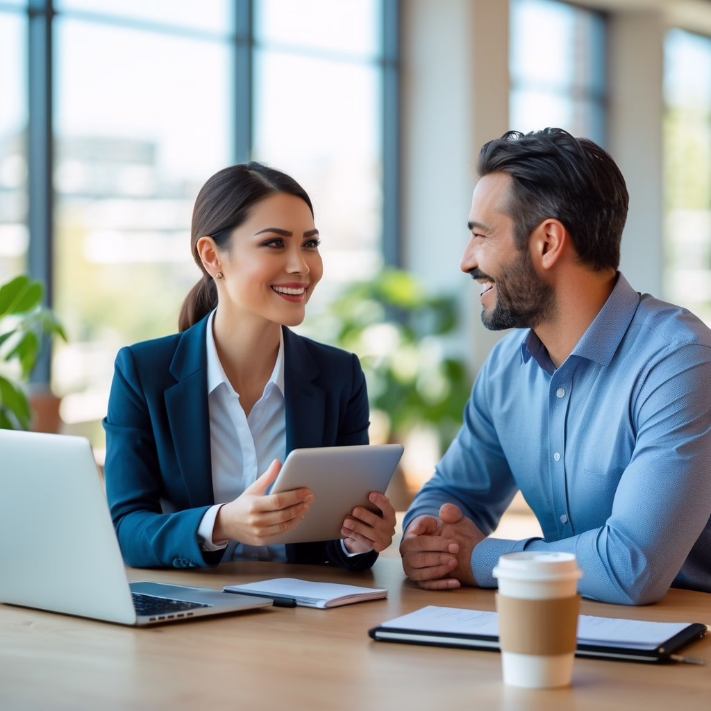 Two business professionals having a friendly conversation in a bright office with a laptop and notebooks on the table.