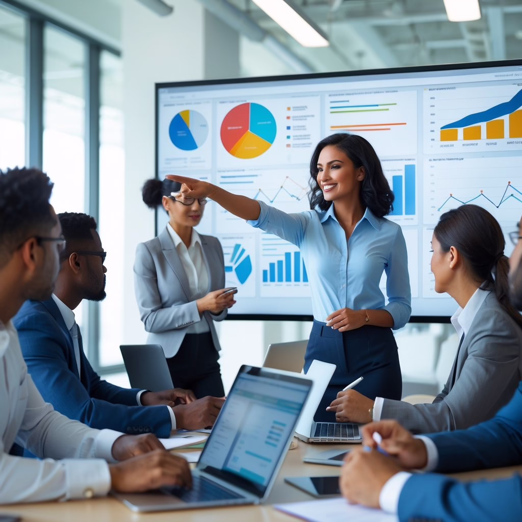 A group of business professionals in a meeting room analyzing data on a large screen and discussing feedback.
