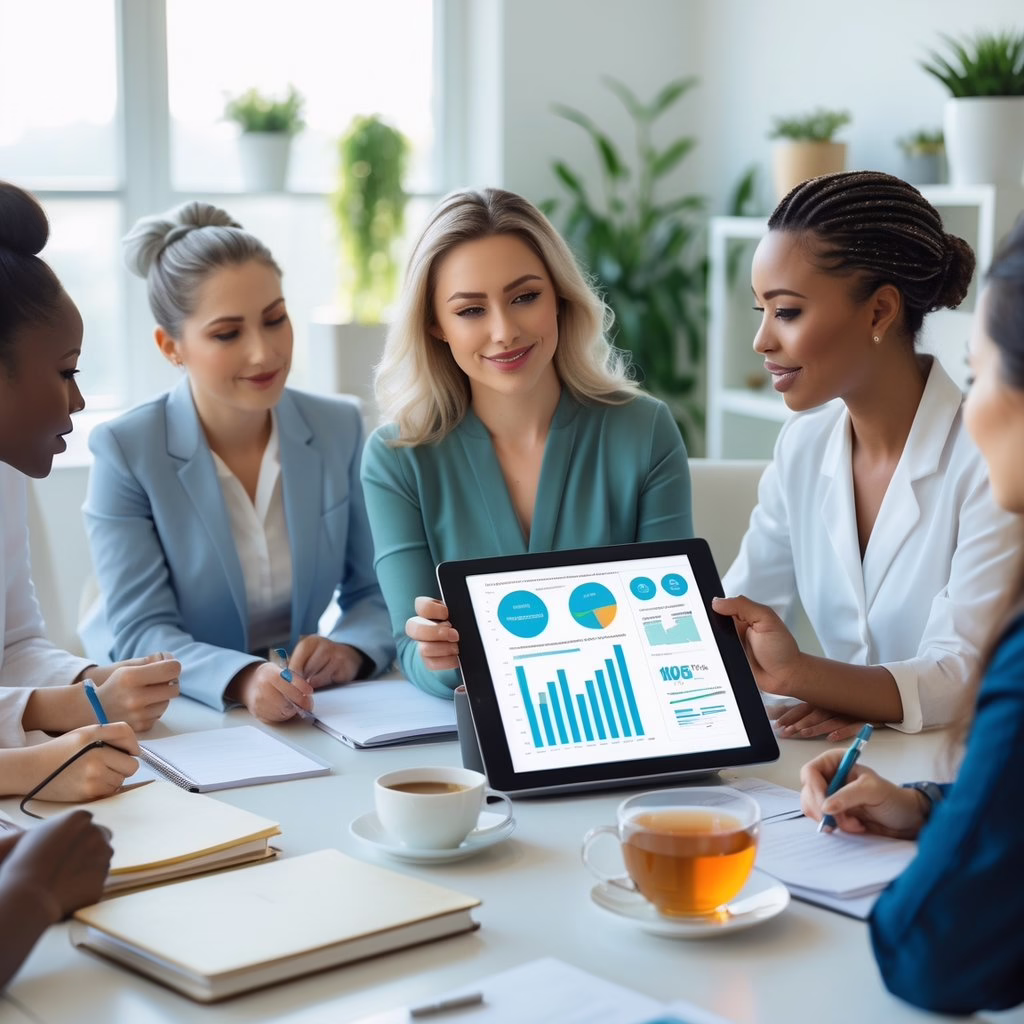 A group of holistic health practitioners in a meeting reviewing client feedback on a tablet in a bright office.