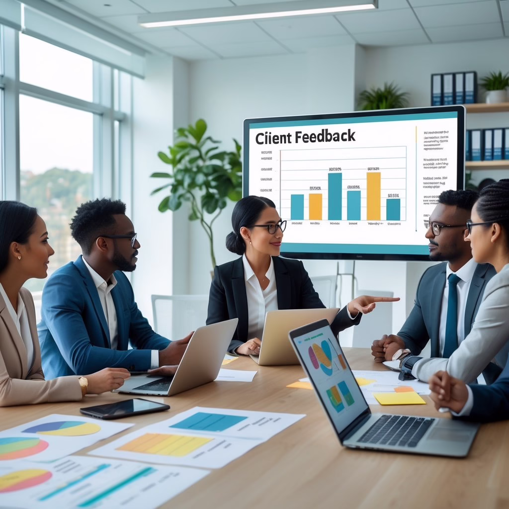 A group of business professionals in a conference room reviewing charts and discussing client feedback data together.